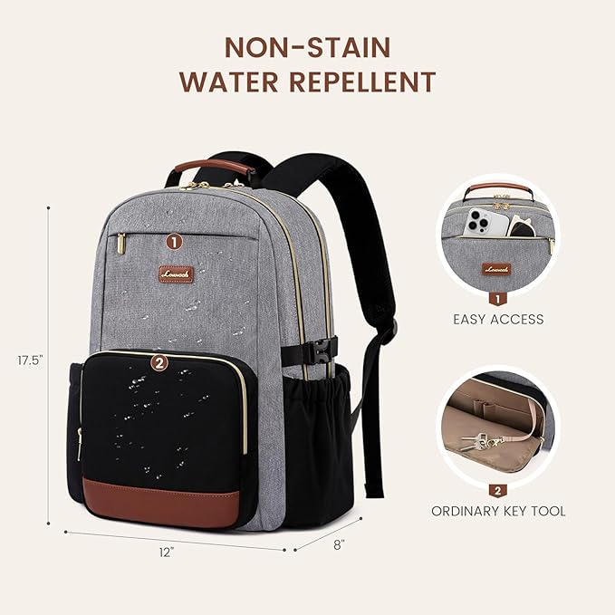 LOVEVOOK Laptop Backpack for Women with Pouch Pocket for Large Capacity Cup,15.6 Inch Teacher Nurse College Work Backpack Purse,Waterproof Laptop Bag Computer Back Pack for Travel, Grey-Black-Brown