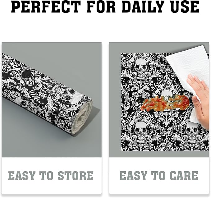 Giwawa Gothic Skull Placemats, Halloween Skeleton Decorative Linen Place Mat, Spooky Day of The Dead Table Mats for Kitchen Dining, Heat Resistant Non Slip, Set of 4, 12"x18"