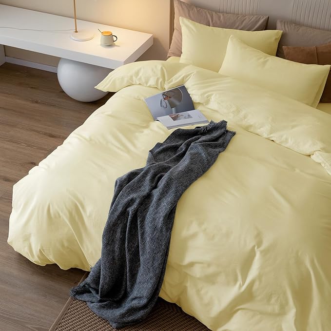 JIYUAN 100% Washed Cotton Duvet Cover Set 2 Pieces Twin, 1 Duvet Cover 68x90 Inches(Comforter Not Included) and 1 Pillowcases,Linen Feel Bedding Set Comfy and Breathable,Light Yellow