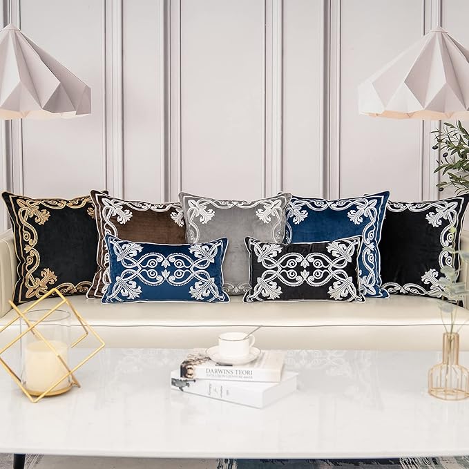 Aeckself European Floral Pillow Cover 16x16 Inch, Luxury Velvet Embroidered Decorative Throw Pillow Cover for Couch Bedroom Living Room, Navy Blue and White