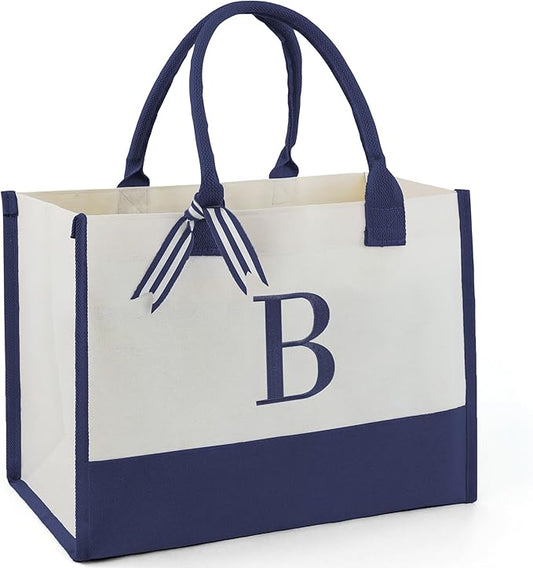 BeeGreen Embroidery Monogram Initial Tote Bag for Women Teacher Mom Friend Personalized Gift for Birthday Beach Work Wedding