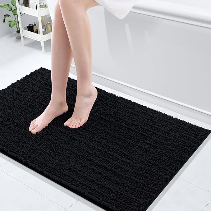 Arotive Luxury Chenille Bathroom Rug Mat, Extra Soft Thick Absorbent Shaggy Bath Rugs, Non-Slip Machine Wash Dry, Plush Bath Mats for Bathroom, Shower and Tub, 40x24, Black