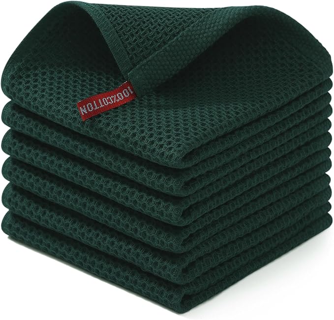 Homaxy 100% Cotton Waffle Weave Kitchen Dish Cloths, Ultra Soft Absorbent Quick Drying Dish Towels, 12 x 12 Inches, 6-Pack, Blackish Green