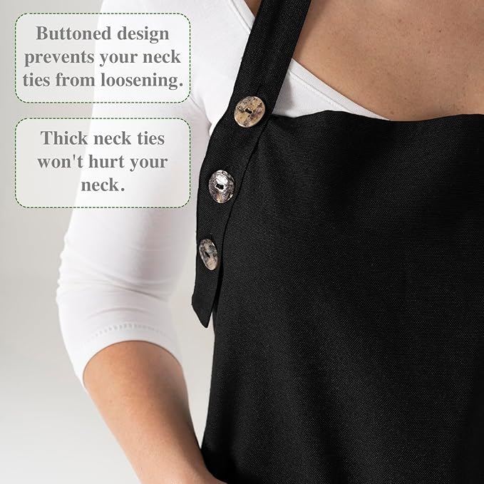 TOSHE Kitchen Apron Waterdrop Resistant Cotton Apron with adjustable Aprons for Women with Pockets 10 Color option Cooking Black Apron (Black)