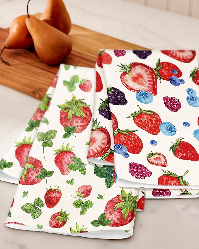 Microfiber Kitchen Towels - Set of 2 Dish Towels for Kitchen 18 x 26 Inch Home Decoration Leaf Strawberry Cute Spring Hand Towels Soft & Absorbent Aesthetic Design