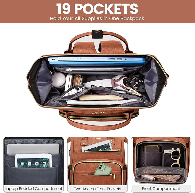 LOVEVOOK Laptop Backpack for Women,15.6 Inch Professional Womens Travel Backpack Purse Computer Laptop Bag Nurse Teacher Backpack,Waterproof College Work Bags Carry on Back Pack with USB Port,Orange