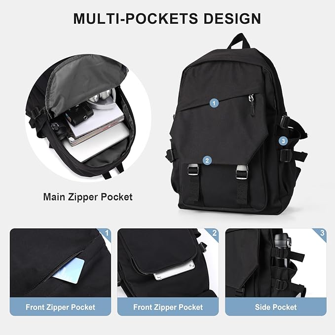coowoz School Backpack for Men Women College Bookbag Waterproof Lightweight Black Backpack Mochilas Book Bag Rucksack Casual Daypack School Bag for Boys Girls