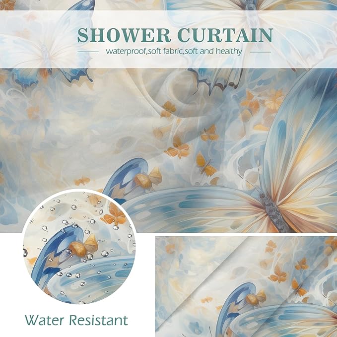 Aimego Butterfly Shower Curtains for Bathroom -Blue Burnt Orange Butterflies Watercolor Oil Painting Spring Summer Bathroom Decor Fabric Cloth Shower Curtain Set with 12 Hooks, 72"x72"