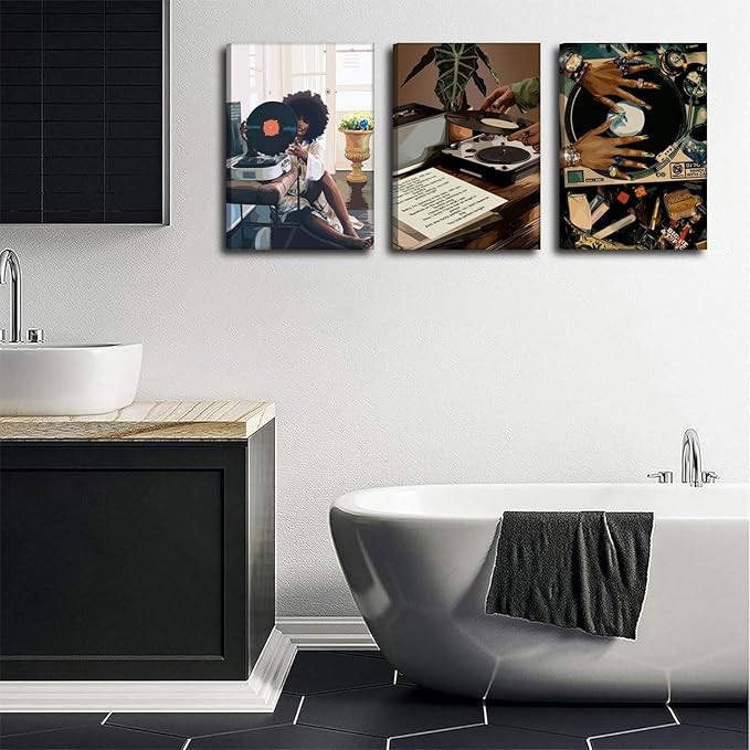 Framed Black Girl Canvas Wall Art 3Pcs black Girl Record Music Wall Decor Pictures Funky Black Girl Posters prints for Modern Black Woman Bedroom Home Decoration 16x24in