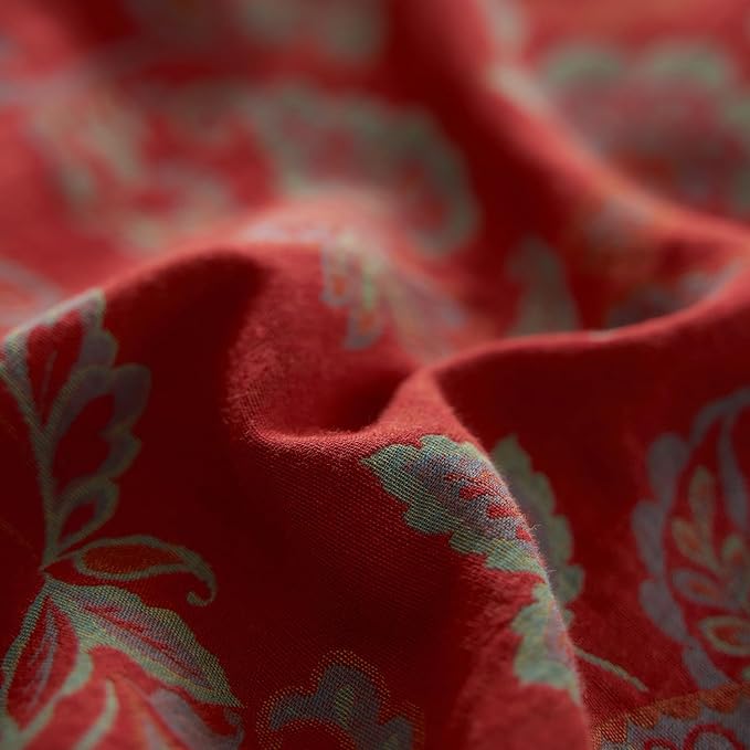 mixinni Exquisite Vintage Red Floral Duvet Cover King Size Yarn-Dyed Jacquard Textured Design Duvet Cover Set with Green Edge Design Premium Muslin Cotton-Linen Bedding Set for All Season-King Size