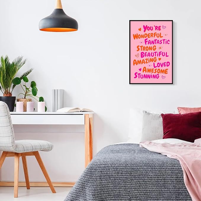 Trendy You Are Amazing You Are Awesome Poster, Funky 70s Pink Orange Aesthetic Canvas Wall Art, Preppy Uplifting Daily Reminder Quotes, Motivational Gifts Picture for Girls 16x24in Framed