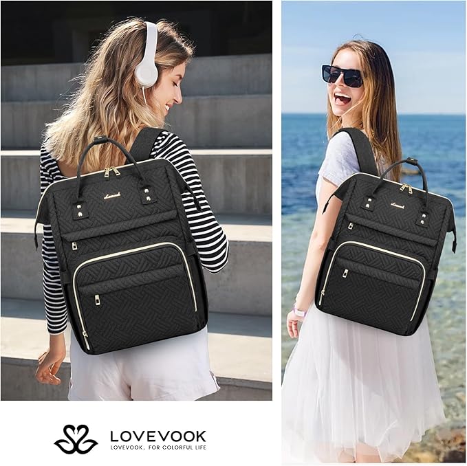 LOVEVOOK Laptop Backpack for Women,15.6 Inch Professional Womens Travel Backpack Purse Computer Laptop Bag Nurse Teacher Backpack,Waterproof Work Bags Carry on Back Pack with USB Port,Black Plait