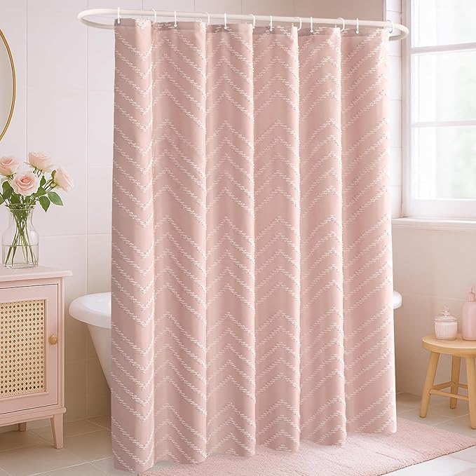 Extra Long Blush Pink Boho Shower Curtain Cute Shower Curtain Textured Tufted Chevron Striped Minimalist 72 x 84