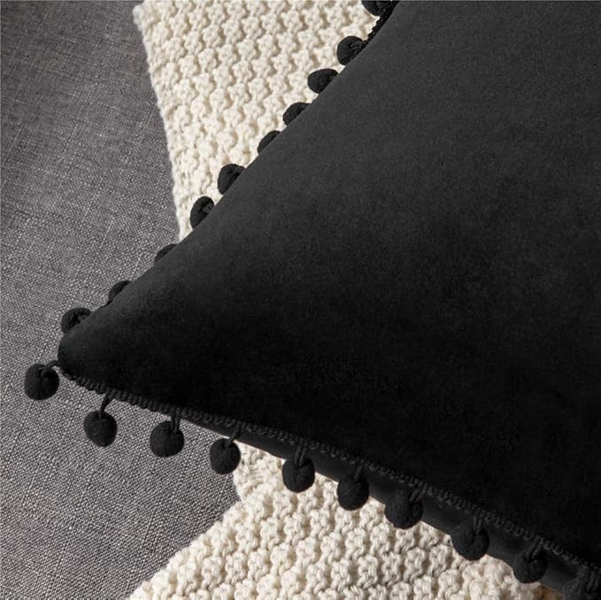 DEZENE Decorative Pillow Covers 22x22 Black: 2 Pack Cozy Soft Pom-poms Velvet Square Throw Pillow Cases for Farmhouse Home Decor