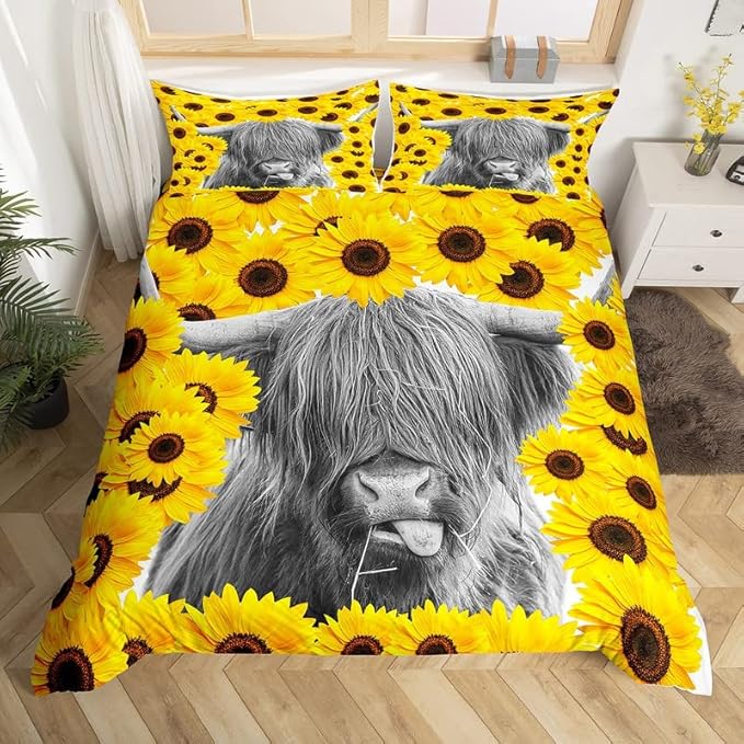 Feelyou Highland Cattle Duvet Cover Set Sunflower Printed Comforter Cover for Kids Adults Cow Bedding Set 1 Duvet Cover & 1 Pillowcase