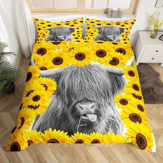 Feelyou Highland Cattle Duvet Cover Set Sunflower Printed Comforter Cover for Kids Adults Cow Bedding Set 1 Duvet Cover & 1 Pillowcase