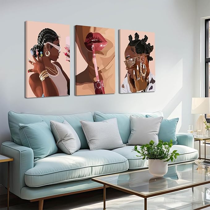 ANVOTIG Framed African American Black Girl Canvas Wall Art Set of 3 Fashion Black Women Wall Decor Pictures Hip Hop Sunglasses Jewelry Posters Prints Paintings for Home Living Room Bedroom16x24in