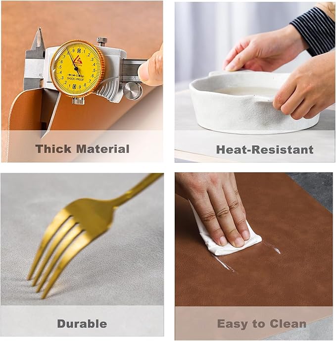 UnivoColors Washed Cowhide Pattern Faux Leather Big Size Placemats Set of 4, Waterproof Easy to Clean Anti-Slip PU Table Mats for Party Decoration19.7″×13.6″,Light Grey Retro Cowhide Pattern