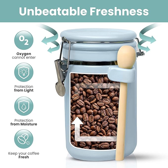 Home Intuition 4-Piece Ceramic Kitchen Canisters Set, Airtight Containers with Wooden Spoons Reusable Chalk Labels and Marker for Sugar, Coffee, Flour, Tea (Light Blue)