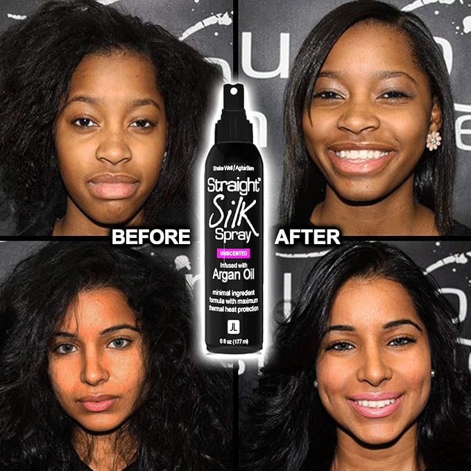 Straight Silk Spray with Moroccan Argan Oil | Hair Straightening Protector & Detangler | Alcohol-Free | Heat Protectant up to 450°F | Flat-Iron | Blow-Dry | Unscented | Hair Spray | MADE IN USA (6oz)