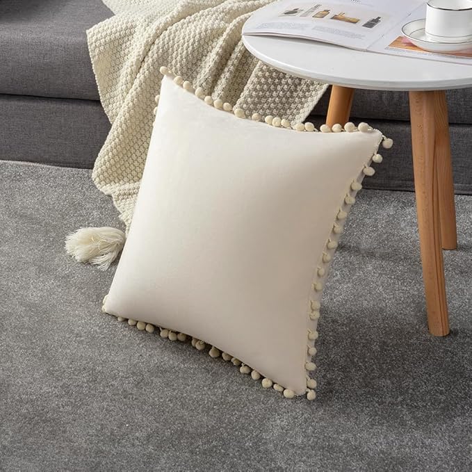 DEZENE Couch Pillow Covers 20x20 Beige: 2 Pack Cozy Soft Pom-poms Velvet Square Throw Pillow Cases for Farmhouse Home Decor