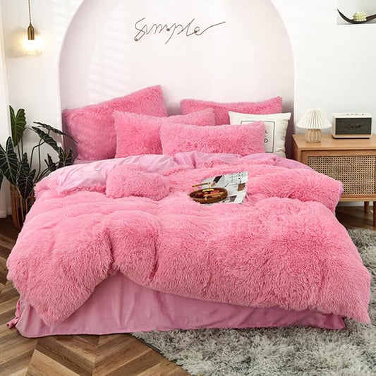 MorroMorn 5 PCS Shaggy Duvet Cover Bedding Set - Long Faux Fur Luxury Ultra Soft (Pink, King/California King)