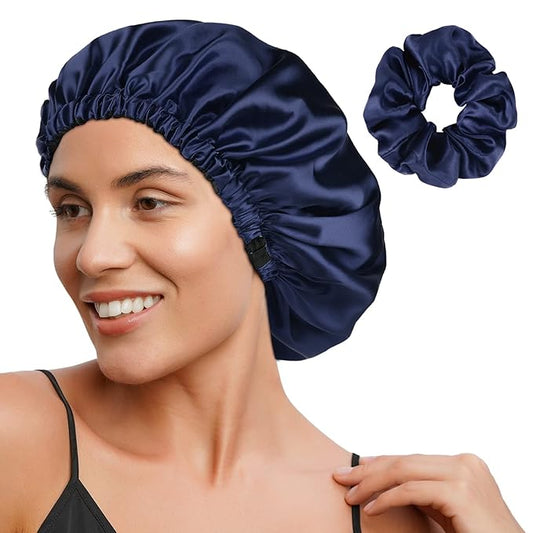 YANIBEST Adjustable Silk Bonnet Double Layer Satin Bonnet Hair Bonnet for Sleeping Bonnets for Women Hats Curly Natural Hair, Navy Blue