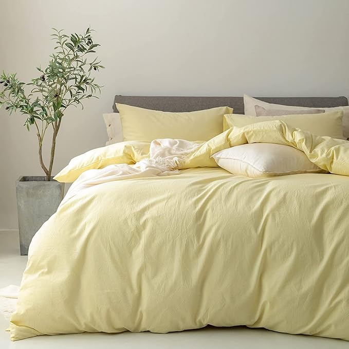 FOSSA Duvet Cover Set 100% Washed Cotton Linen Feel Super Soft Breathable Cozy 3 Pieces Bedding Sets Solid Pastel Yellow Twin