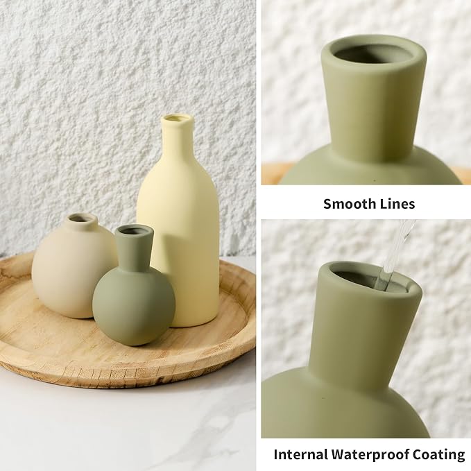 Vase Set of 3, Ceramic Vases Home Decor Flower Decorative Table Decor Vase Pottery Neutral Vases for Tray Table Mantel Living Room Kitchen Bedroom Bathroom Entryway -Light Color