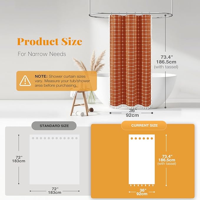 BTTN Boho Shower Stall Curtain - 36x72 Narrow Linen Ultra Thick Tassel Fabric Shower Curtain Set with 6 Plastic Hook, Half Camper RV Modern Farmhouse Country Shower Curtains for Bathroom, Brunt Orange