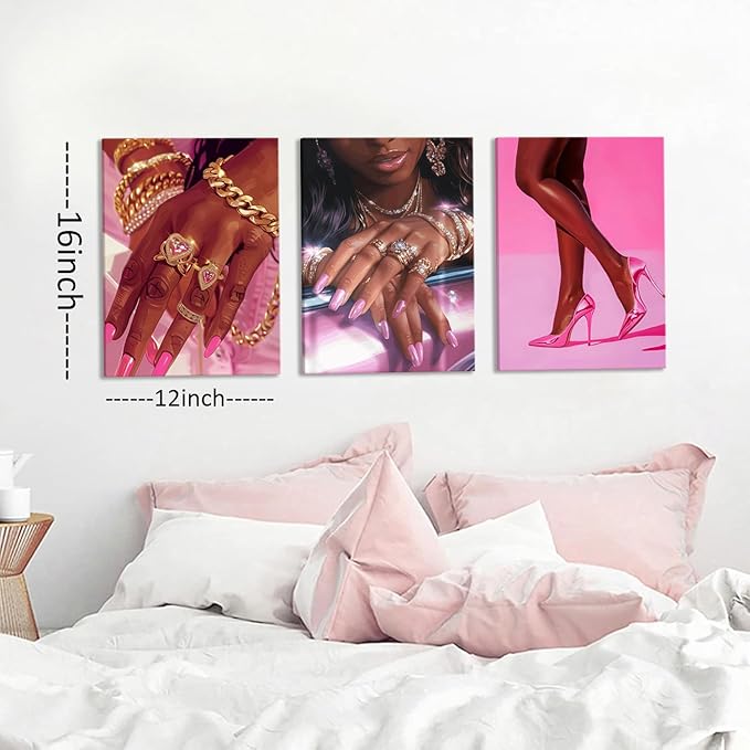 Pink Fashion Black Girl Canvas Wall Art Set of 3 African American Black Woman Posters Wall Decor Fashion Black Woman Pictures Prints for Living Room Bedroom Artwork Home Decoration 12x16Inch Framed