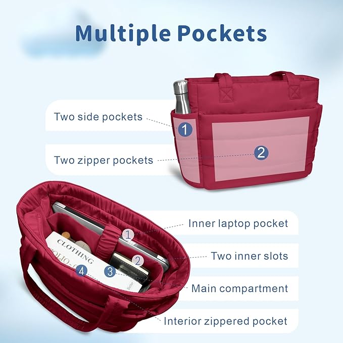 TOPDesign Puffer Tote Bag for Women, Lightweight Puffy Handbag with Compartments, Quilted Shoulder Bag for Work, Travel, Gym