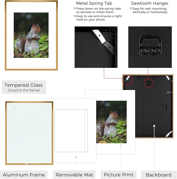 Golden State Art 12x16 Picture Frame 3 Pack - Aluminum Frames with 8.5x11 Removable Mats & Real Glass, Display 12x16 Posters or 8.5x11 Photos - Bronze Gallery Wall Frames for Home Office Decor