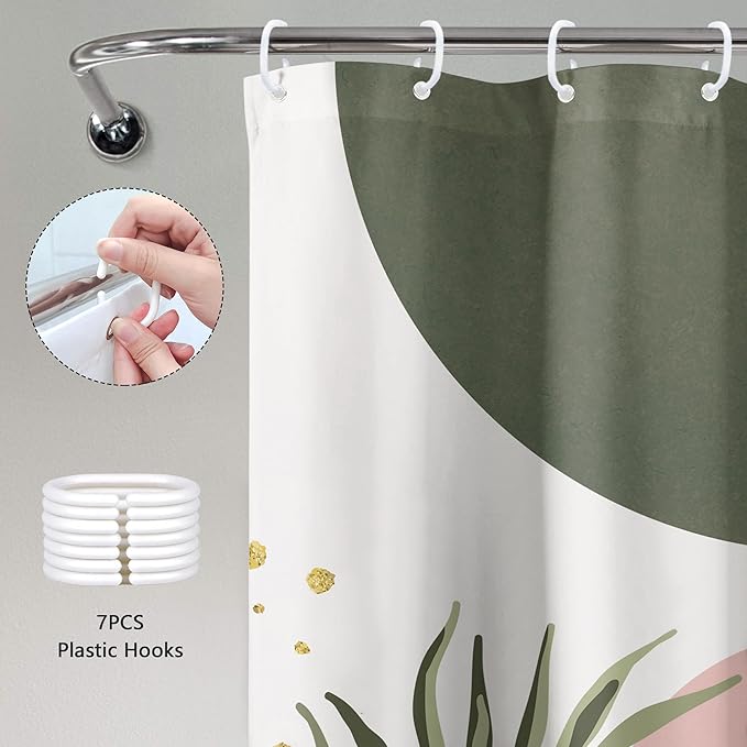 Small Stall Boho Shower Curtain 36Wx72H RV Green Pink Modern Mid Century Abstract Leaves Plant Minimalist Geometric Bathroom Decor Half Narrow Standing Bath Curtain Fabric Polyester 7 Pack Hook