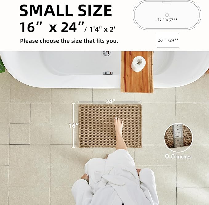 Waffle Bath Mat, Boho Bathroom Rugs Non Slip Washable Super Absorbent Quick Dry Farmhouse Bathroom Decor, 24"x16" Khaki