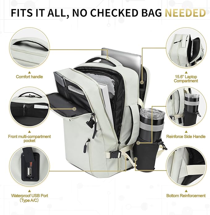 Business Travel Carry on Backpack, Lay Flat Luggage Style Bag with USB C & A, 16-inch Suitcase Capacity, Airline Approved, Beige