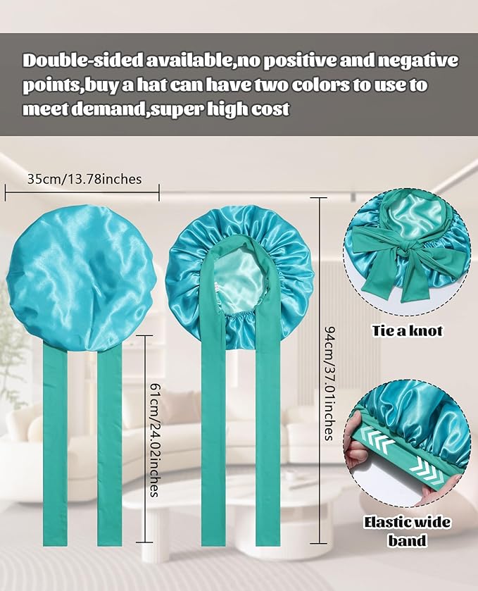 Satin Bonnet Silk Bonnet for Sleeping Silk Sleep Cap Double Layer Hair Bonnet with Elastic Tie Band for Curly Hair Night Cap (Peacock green+Wheat green)