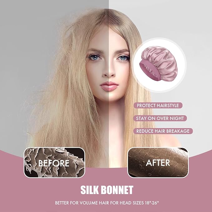 Satin Silk Bonnet for Sleeping, Double Layer Silk Sleep Cap for Men & Women, Soft Satin Lined Bonnet for Natural & Curly Hair(BeanPaste Pink)