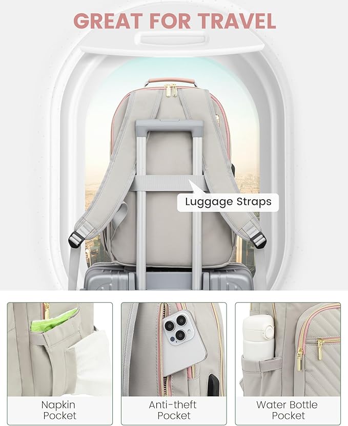 LOVEVOOK Laptop Backpack for Women, Travel Computer Work Bags with 17-inch Laptop Compartment, College School Student Bag Teen Backpacks For Girls, Outdoor Carry On Backpack Purse, Grey Pink