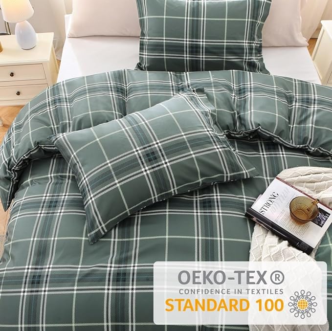 MUXHOMO Duvet Cover Queen Size, Reversible Floral Grey Plaid Duvet Cover Set with Zipper Closure, 3 Pieces Botanical Patterns Soft Microfiber Bedding Set with 4 Ties (90"x90", 2 Pillow Cases)