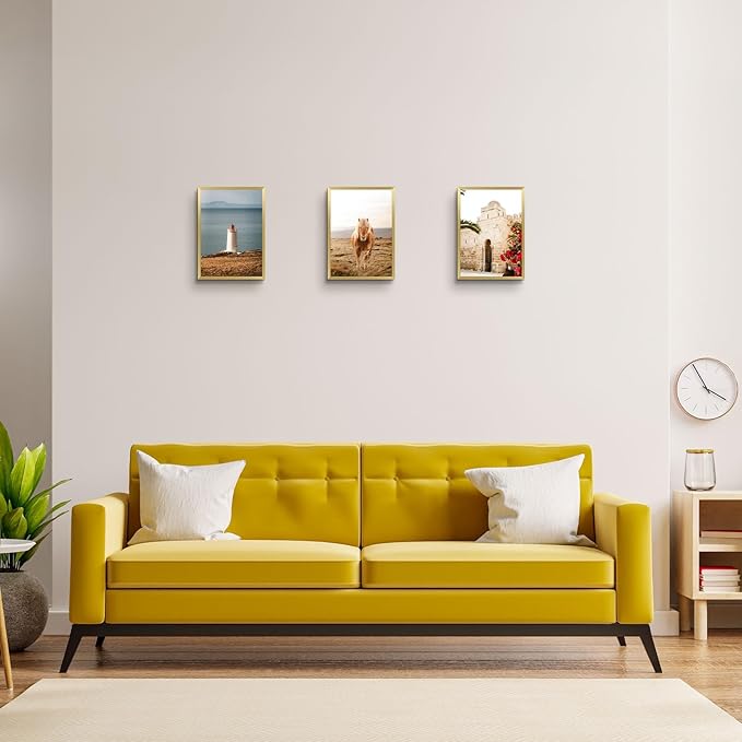 Golden State Art, A4 Aluminum Picture Frame, Gold Metal Thin Poster Frames for 8.3x11.7 inch Photo, Acrylic Front, Wall Hook for Horizontal or Vertical Display, 3 Pack