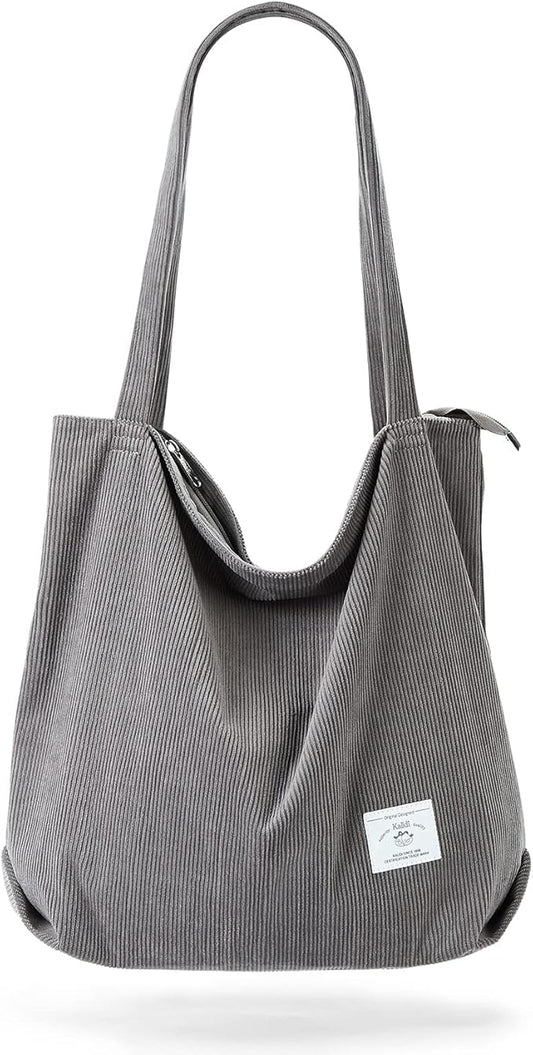 KALIDI Women Corduroy Tote Bag Zipper Casual Tote's Handbag Big Capacity Shoulder Bag with Pockets