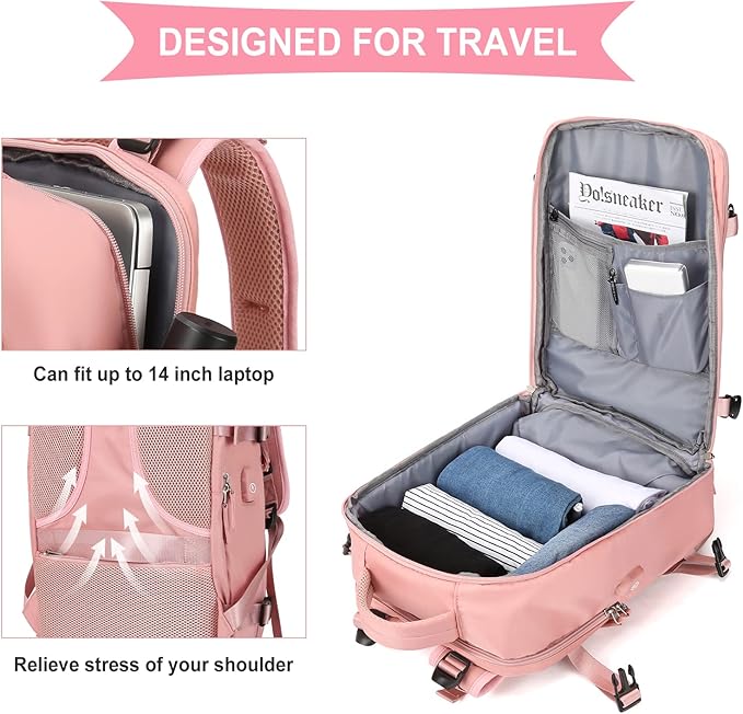 coowoz Large Travel Backpack For Women Men,Carry On Backpack,Hiking Backpack Waterproof Outdoor Sports Rucksack Casual Daypack Travel Essentials Pink