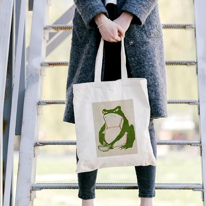 Cute Frog Tote Bag Aesthetic Funny Frog Tote Bag Cotton Canvas Bag For Women Gift Bag Reusable Grocery Bag Beach Bag
