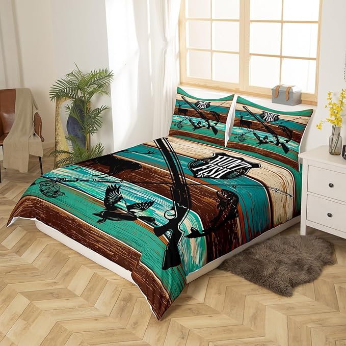 Wild Animal Hunting Duvet Cover Set King Size,Hunt Fish Themed Retro Comforter Cover with 2 Pillowcases,3 Piece,Farmhouse Rustic Wooden Board Bedding Set for Adult Young Bedroom Xmas Gift