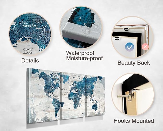 Living Room Wall Art Office Pictures Wall Decor for Bedroom Canvas World Map Art Kitchen Decor Framed Paintings for Wall Decorations