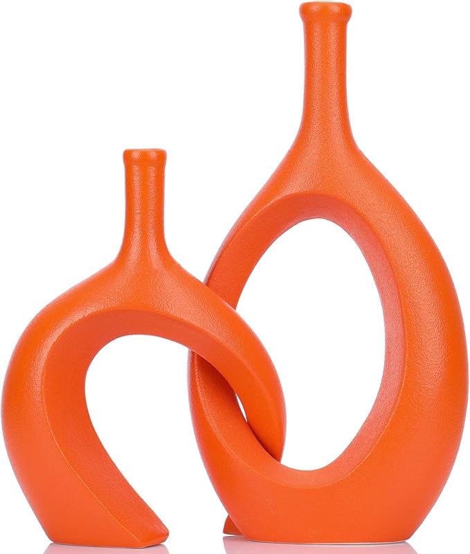 Orange Unique Hollow Bud Vases Set of 2,Modern Snuggle and Huging Style Ceramic Vase for Pampas Grass,Living Room Decorations for Fireplace,Coffee Table Centerpiece,Mantle,Bookshelf Decor
