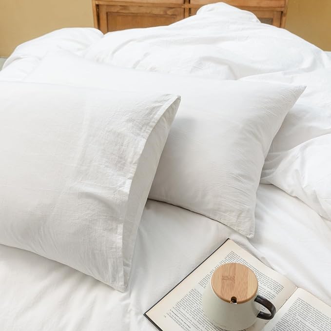 FOSSA White Duvet Cover Set, 100% Washed Cotton Linen Feel Super Soft Breathable Cozy 3 Pieces Bedding Sets Solid Off White Super King Plus