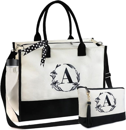 BeeGreen Embroidery Monogram Initial Tote Bag for Women Teacher Mom Friend Personalized Gift for Birthday Beach Work Wedding