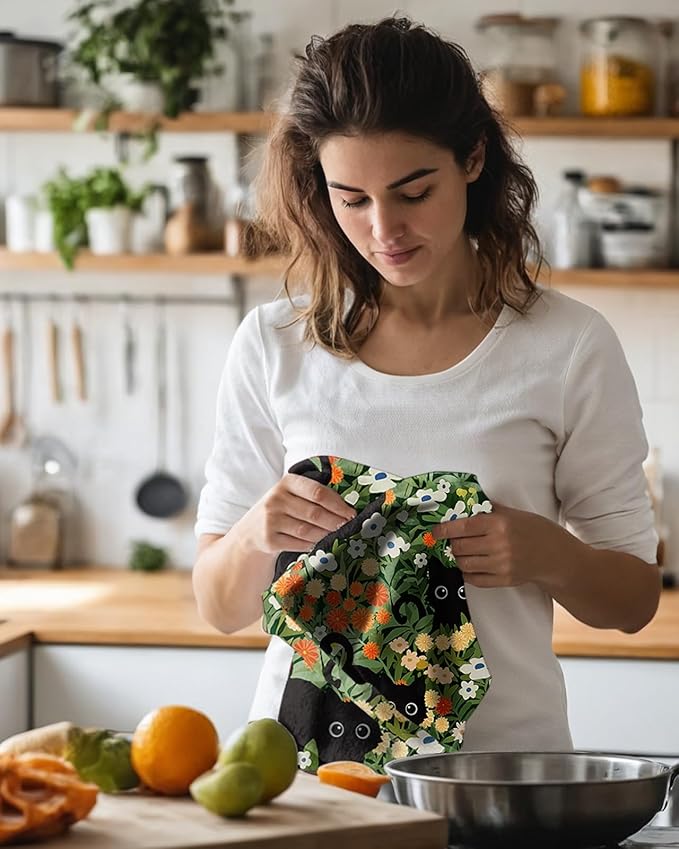 Microfiber Kitchen Towels - Set of 2 Dish Towels for Kitchen 18 x 26 Inch Home Decoration Cat Flower Cute Spring Hand Towels Soft & Absorbent Aesthetic Design